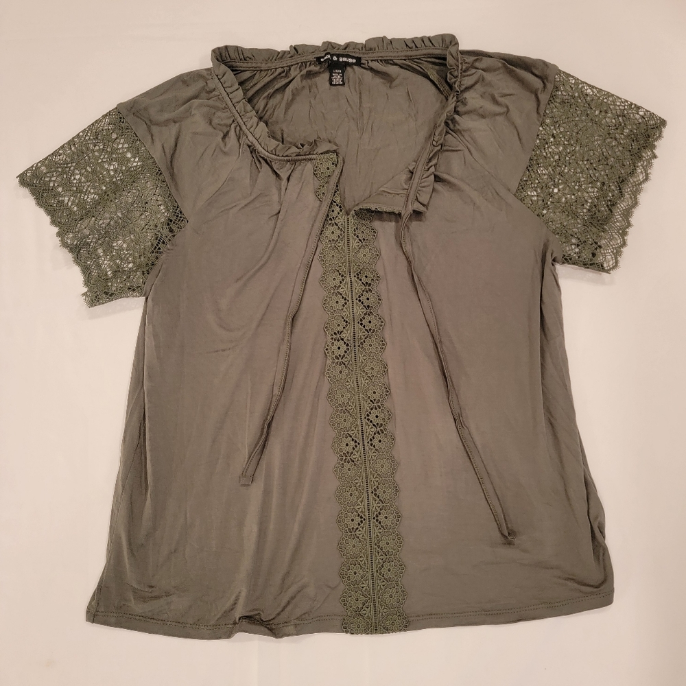 Cable & Gauge L Army Green Crochet Peasant Top NWOT